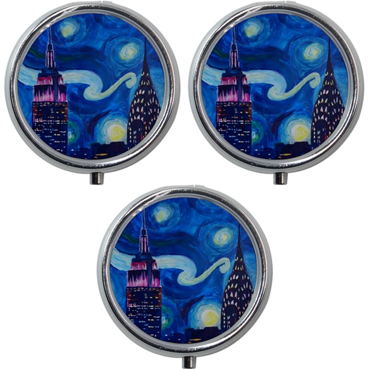 Starry Night In New York Van Gogh Manhattan Chrysler Building And Empire State Building Mini Round Pill Box (Pack of 3)