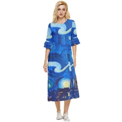 Starry Night In New York Van Gogh Manhattan Chrysler Building And Empire State Building Double Cuff Midi Dress by danenraven