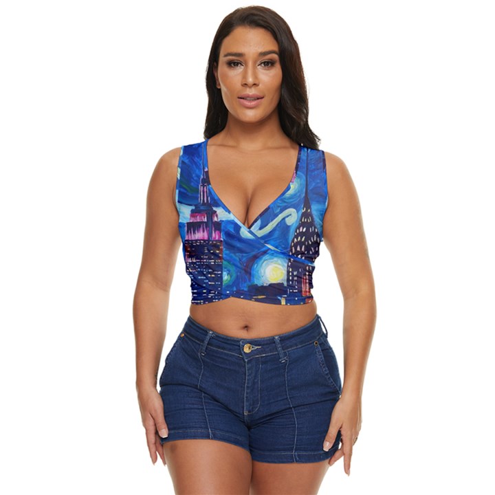 Starry Night In New York Van Gogh Manhattan Chrysler Building And Empire State Building Women s Sleeveless Wrap Top