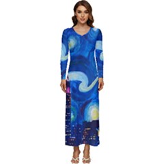 Starry Night In New York Van Gogh Manhattan Chrysler Building And Empire State Building Long Sleeve Velour Longline Maxi Dress by danenraven