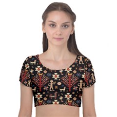 Carpet-symbols Velvet Short Sleeve Crop Top  by Gohar