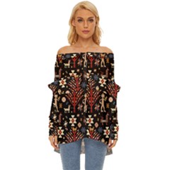 Carpet-symbols Off Shoulder Chiffon Pocket Shirt by Gohar