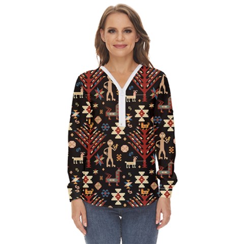 Carpet-symbols Zip Up Long Sleeve Blouse by Gohar