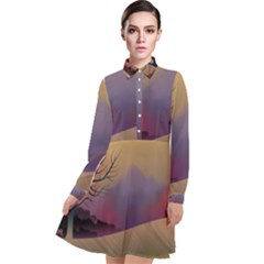 Landscape Illustration Nature Sky Long Sleeve Chiffon Shirt Dress by Wegoenart