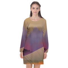 Landscape Illustration Nature Sky Long Sleeve Chiffon Shift Dress  by Wegoenart