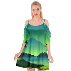 Green Landscape Illustration Nature Cutout Spaghetti Strap Chiffon Dress