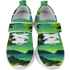 Green Landscape Illustration Nature Kids  Velcro Strap Shoes