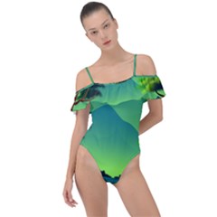 Green Landscape Illustration Nature Frill Detail One Piece Swimsuit by Wegoenart