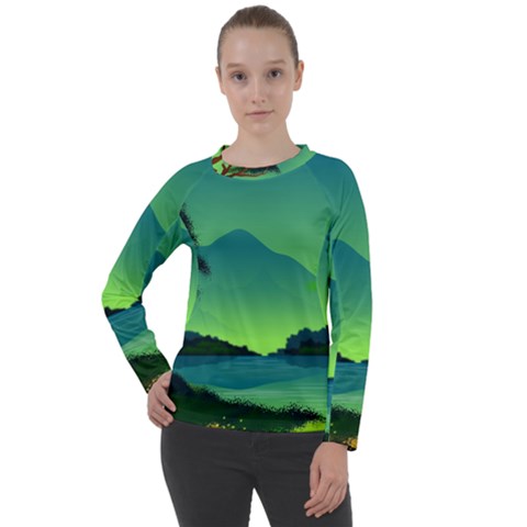 Green Landscape Illustration Nature Women s Long Sleeve Raglan Tee by Wegoenart