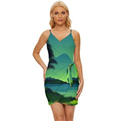 Green Landscape Illustration Nature Wrap Tie Front Dress by Wegoenart