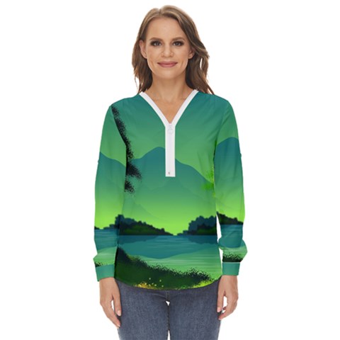 Green Landscape Illustration Nature Zip Up Long Sleeve Blouse by Wegoenart