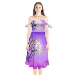 Abstract Nature Landscape Illustration Sky Clouds Shoulder Tie Bardot Midi Dress by Wegoenart