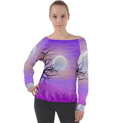 Abstract Nature Landscape Illustration Sky Clouds Off Shoulder Long Sleeve Velour Top by Wegoenart