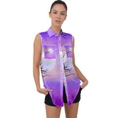 Abstract Nature Landscape Illustration Sky Clouds Sleeveless Chiffon Button Shirt