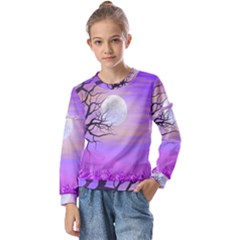 Abstract Nature Landscape Illustration Sky Clouds Kids  Long Sleeve Tee With Frill 