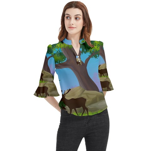 Nature Background Illustration Landscape Loose Horn Sleeve Chiffon Blouse by Wegoenart