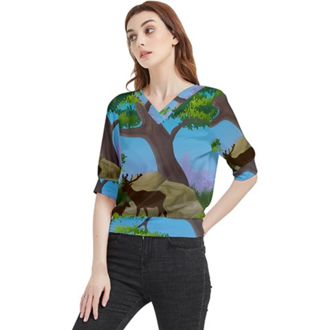 Nature Background Illustration Landscape Quarter Sleeve Blouse by Wegoenart