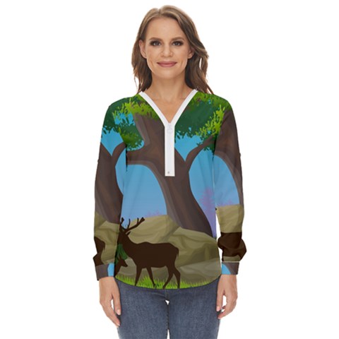 Nature Background Illustration Landscape Zip Up Long Sleeve Blouse by Wegoenart