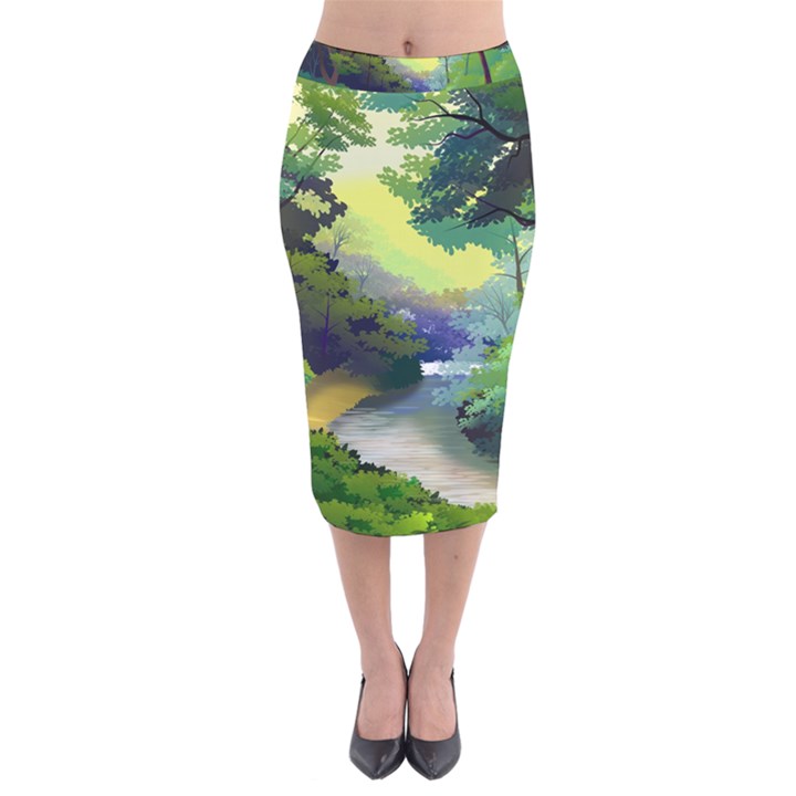 Landscape Illustration Nature Painting Velvet Midi Pencil Skirt