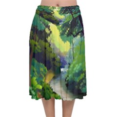 Landscape Illustration Nature Painting Velvet Flared Midi Skirt by Wegoenart