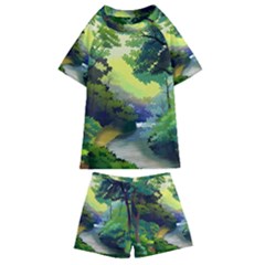 Landscape Illustration Nature Painting Kids  Swim Tee And Shorts Set