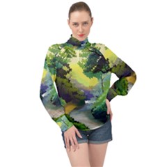 Landscape Illustration Nature Painting High Neck Long Sleeve Chiffon Top by Wegoenart