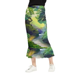 Landscape Illustration Nature Painting Maxi Fishtail Chiffon Skirt by Wegoenart