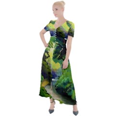 Landscape Illustration Nature Painting Button Up Short Sleeve Maxi Dress