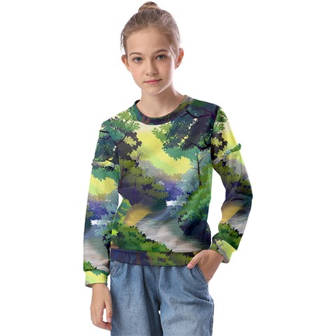 Landscape Illustration Nature Painting Kids  Long Sleeve Tee With Frill  by Wegoenart