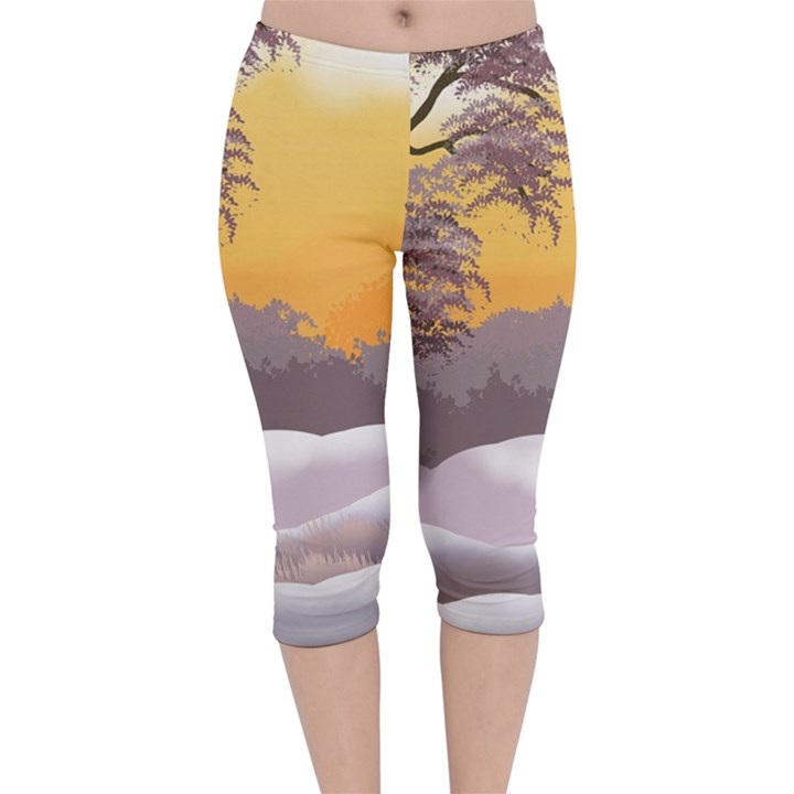 Illustration Background Landscape Velvet Capri Leggings 