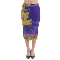 Landscape Illustration Night Light Velvet Midi Pencil Skirt by Wegoenart