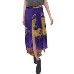 Landscape Illustration Night Light Velour Split Maxi Skirt