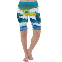 Dolphin Seagull Sea Ocean Wave Blue Water Cropped Leggings  by Wegoenart