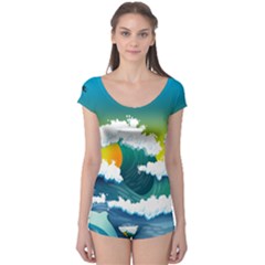 Dolphin Seagull Sea Ocean Wave Blue Water Boyleg Leotard  by Wegoenart