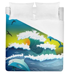 Dolphin Seagull Sea Ocean Wave Blue Water Duvet Cover (queen Size) by Wegoenart