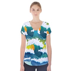 Dolphin Seagull Sea Ocean Wave Blue Water Short Sleeve Front Detail Top by Wegoenart