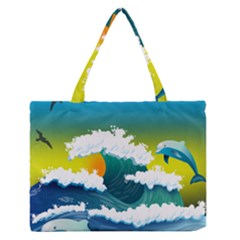 Dolphin Seagull Sea Ocean Wave Blue Water Zipper Medium Tote Bag by Wegoenart