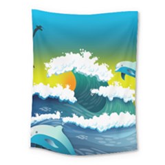 Dolphin Seagull Sea Ocean Wave Blue Water Medium Tapestry by Wegoenart