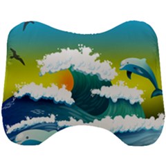 Dolphin Seagull Sea Ocean Wave Blue Water Head Support Cushion by Wegoenart