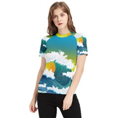 Dolphin Seagull Sea Ocean Wave Blue Water Women s Short Sleeve Rash Guard by Wegoenart