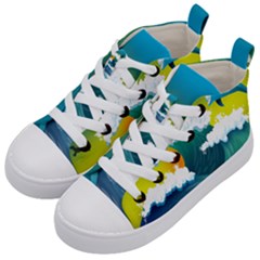 Dolphin Seagull Sea Ocean Wave Blue Water Kids  Mid-top Canvas Sneakers by Wegoenart