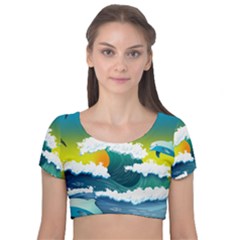 Dolphin Seagull Sea Ocean Wave Blue Water Velvet Short Sleeve Crop Top  by Wegoenart