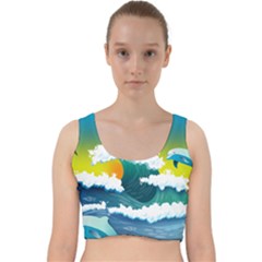 Dolphin Seagull Sea Ocean Wave Blue Water Velvet Racer Back Crop Top by Wegoenart