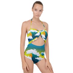 Dolphin Seagull Sea Ocean Wave Blue Water Scallop Top Cut Out Swimsuit by Wegoenart