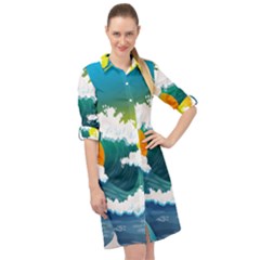 Dolphin Seagull Sea Ocean Wave Blue Water Long Sleeve Mini Shirt Dress by Wegoenart