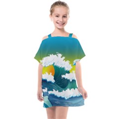 Dolphin Seagull Sea Ocean Wave Blue Water Kids  One Piece Chiffon Dress by Wegoenart