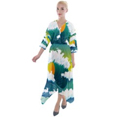 Dolphin Seagull Sea Ocean Wave Blue Water Quarter Sleeve Wrap Front Maxi Dress by Wegoenart