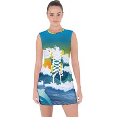 Dolphin Seagull Sea Ocean Wave Blue Water Lace Up Front Bodycon Dress by Wegoenart