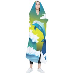 Dolphin Seagull Sea Ocean Wave Blue Water Wearable Blanket by Wegoenart