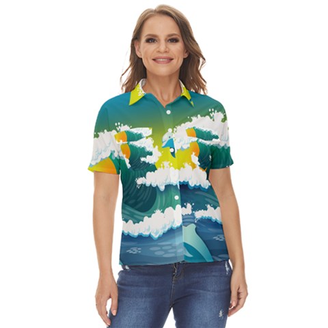 Dolphin Seagull Sea Ocean Wave Blue Water Women s Short Sleeve Double Pocket Shirt by Wegoenart